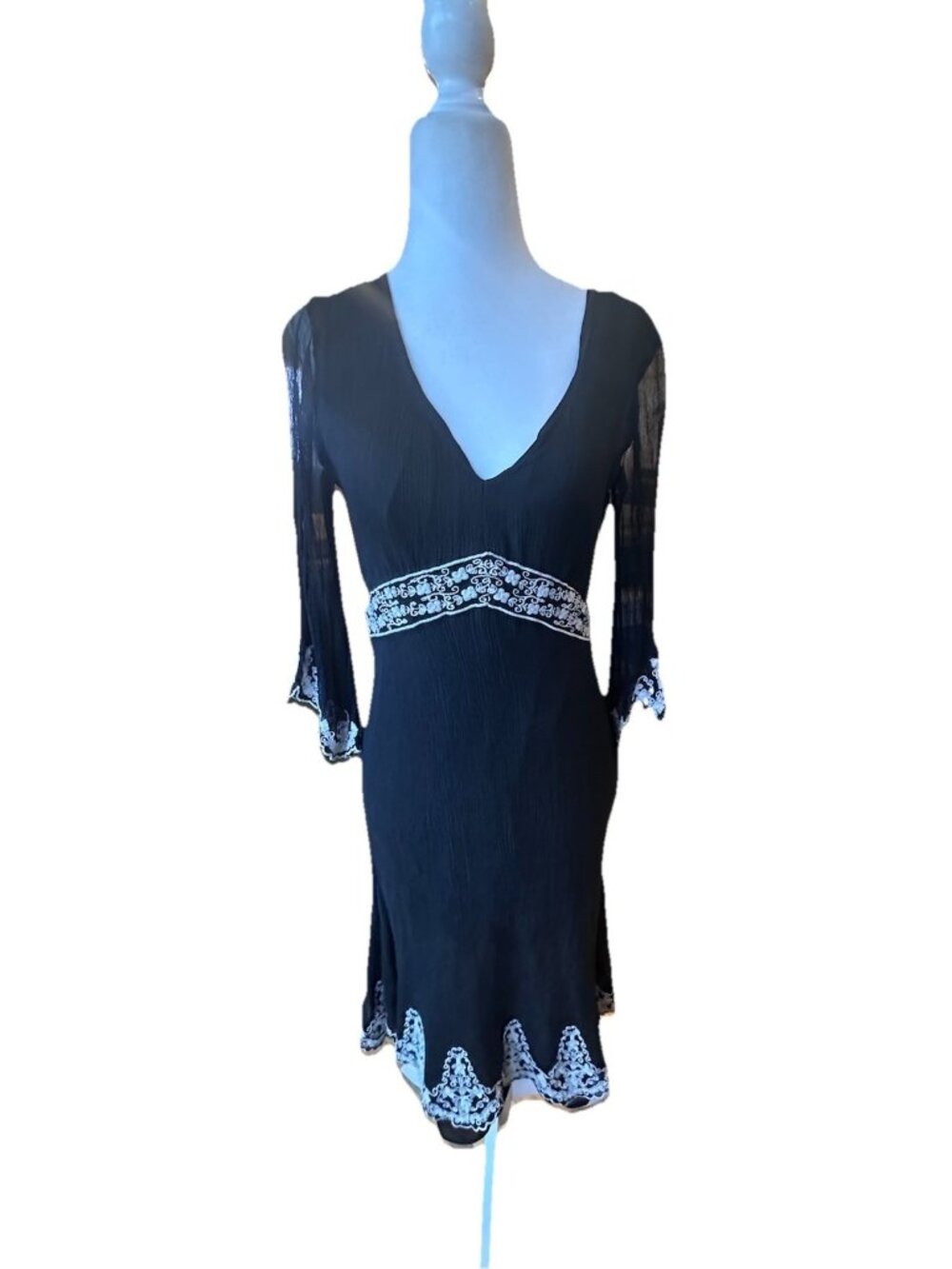 Antonio Melani Black Silk Fit & Flair Dress White Embroidered Details Size 6